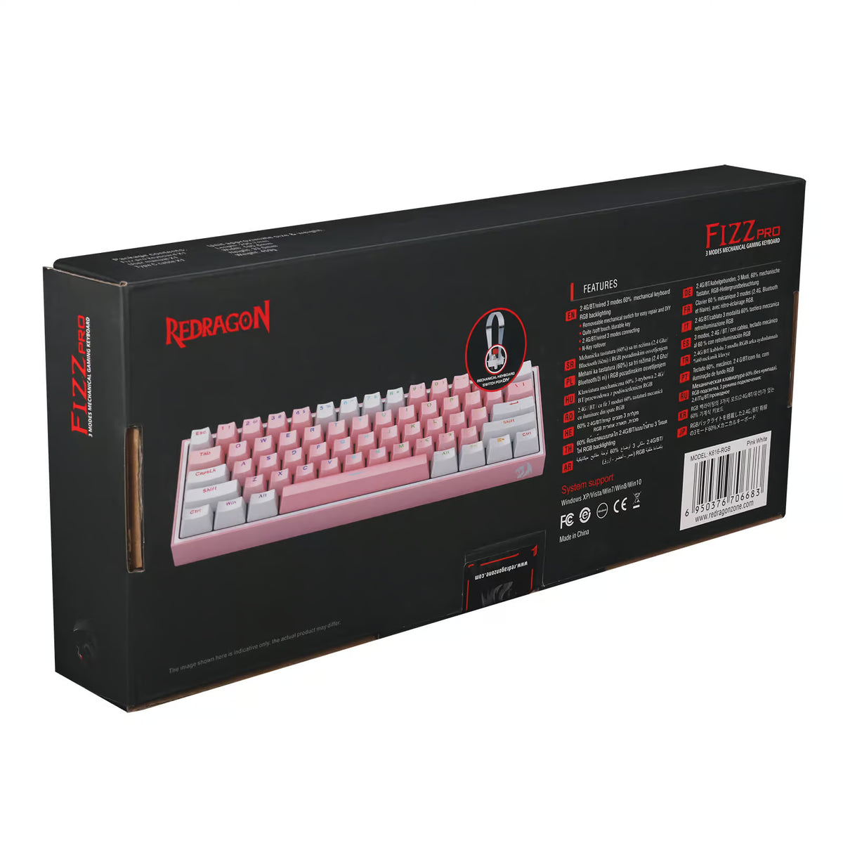 Teclado Mecánico Gamer Redragon Fizz Pro K616 RGB Switch Red - Compacto 60% - Rosado con Blanco - Español