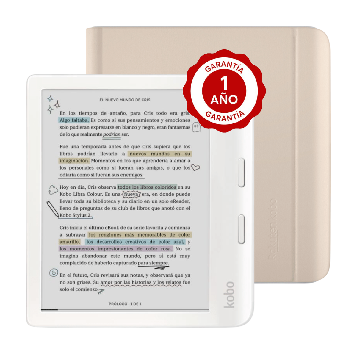 Pack Lector e Reader Kobo Libra Colour Blanco con Funda Notebook Beige