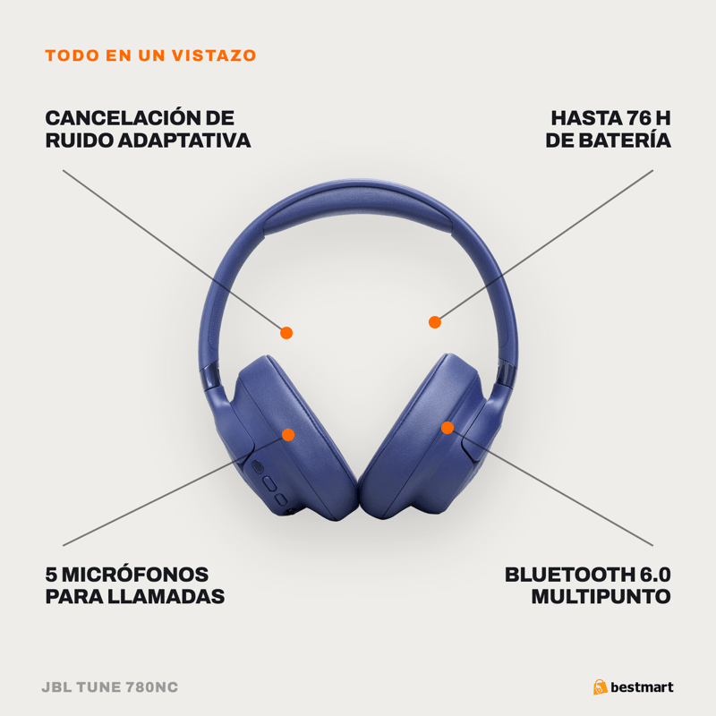 Audífonos Bluetooth JBL Tune 780NC Cancelación de Ruido Azul - Bestmart