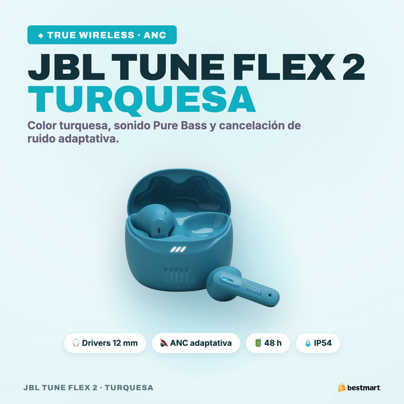 Audífonos Bluetooth JBL Tune Flex 2 ANC True Wireless Turquesa - Bestmart