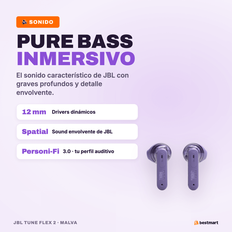 Audífonos Bluetooth JBL Tune Flex 2 Ghost ANC True Wireless Morado - Bestmart