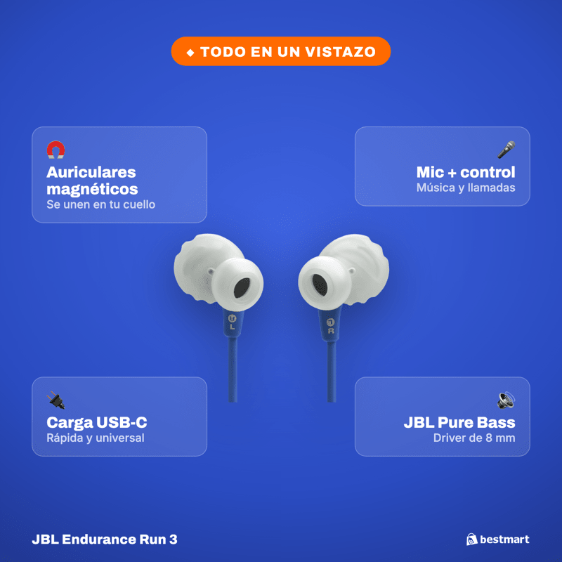 Audífonos Deportivos Inalámbricos JBL Endurance Run 3 Bluetooth IP65 Azul - Bestmart