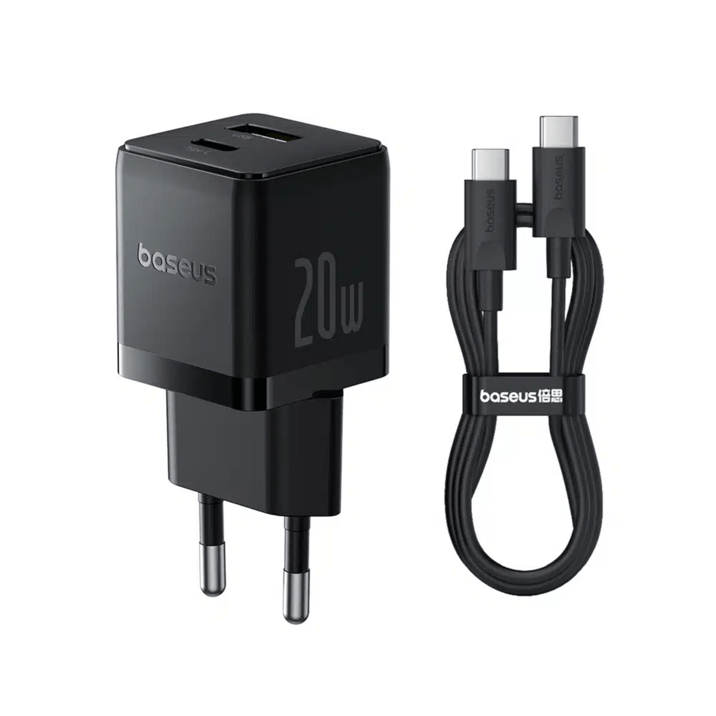 Cargador Rápido Baseus Palm Cluster USB y USB-C 20W + Cable USB-C a USB-C Negro