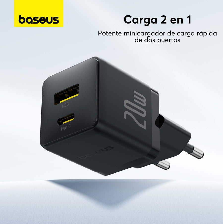 Cargador Rápido Baseus Palm Cluster USB y USB-C 20W + Cable USB-C a USB-C Negro