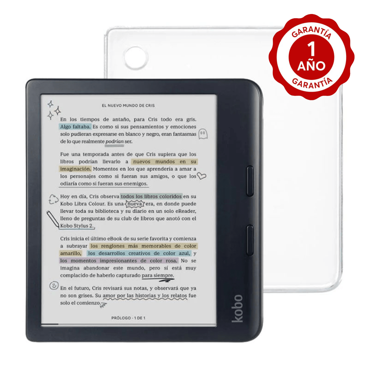 Lector e reader Kobo Libra Colour Negro con Funda Clear Case Transparente