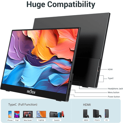 Monitor Portátil InnoView 15,6" FHD 1080p HDMI USB - C con cubierta Negro - Bestmart
