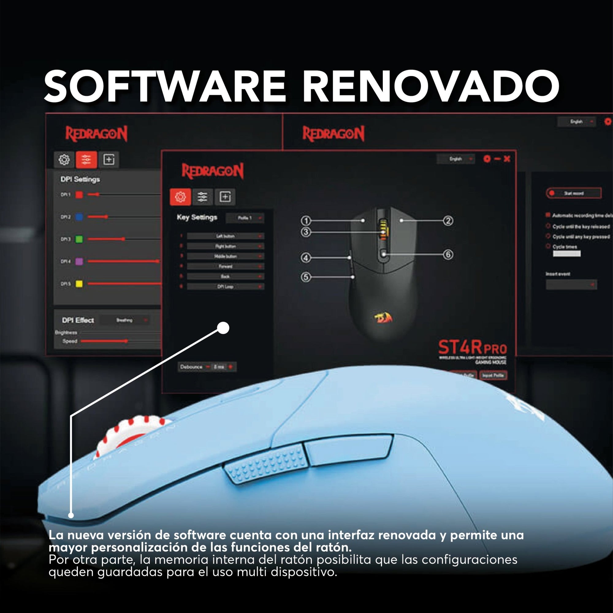 Mouse Gamer Redragon St4r Pro Inalámbrico Tri - Mode Pixart PAW3395 26000 DPI - RGB - Celeste - Bestmart