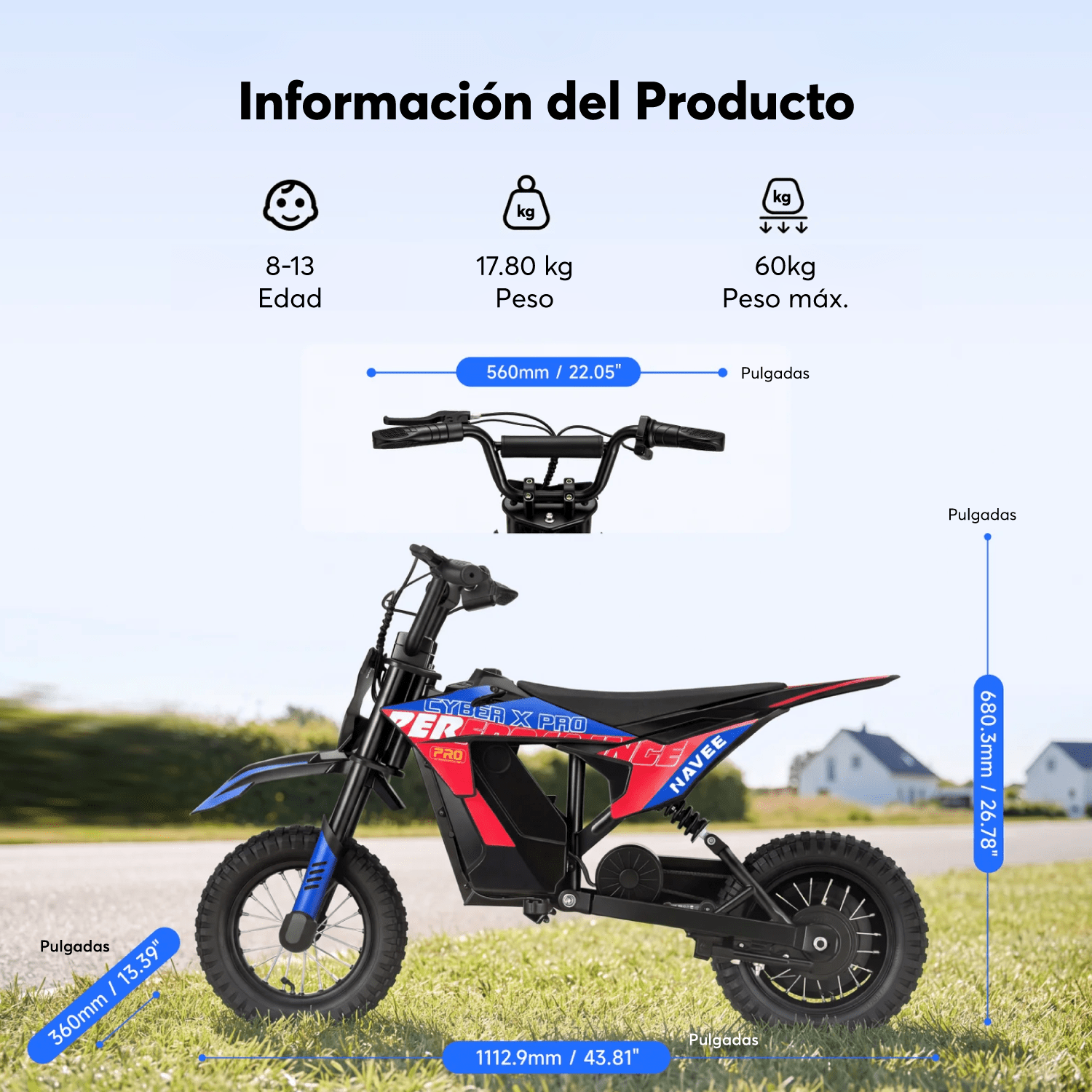 Navee Moto de Cross Eléctrica Infantil Cyber X Pro 8-11 Años Máx 25km/h Autonomía 14.5km 350W Neumáticos 8" Cross Suspensión Trasera Chasis Acero Negro - Bestmart