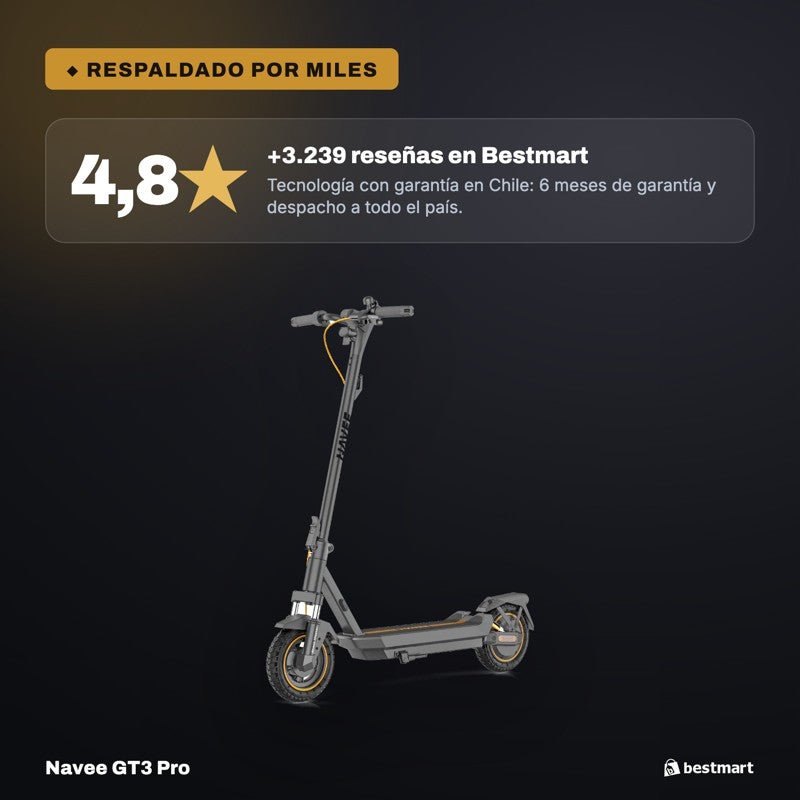 Navee Scooter Eléctrico GT3 Pro Plegable Autonomía 60km Máx 32km/h Neumáticos 10" 1000W Suspensión Cuádruple TCS Negro - Bestmart