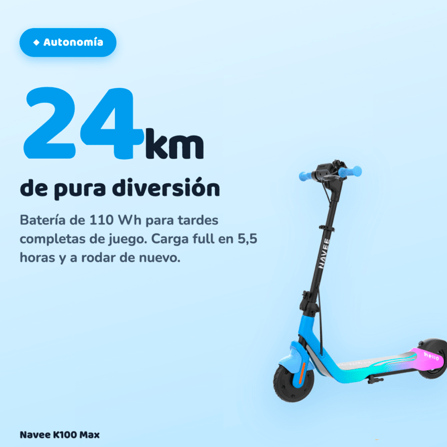 Navee Scooter Eléctrico Infantil K100 Max Plegable Autonomía 24km Máx 16km/h 260W Luces RGB Parlante Bluetooth Control Parental 6-14 Años Azul - Bestmart
