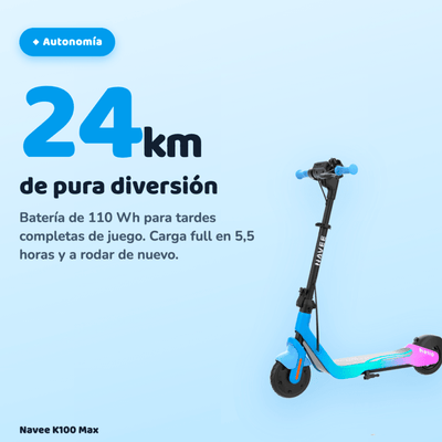 Navee Scooter Eléctrico Infantil K100 Max Plegable Autonomía 24km Máx 16km/h 260W Luces RGB Parlante Bluetooth Control Parental 6-14 Años Azul - Bestmart