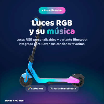 Navee Scooter Eléctrico Infantil K100 Max Plegable Autonomía 24km Máx 16km/h 260W Luces RGB Parlante Bluetooth Control Parental 6-14 Años Azul - Bestmart