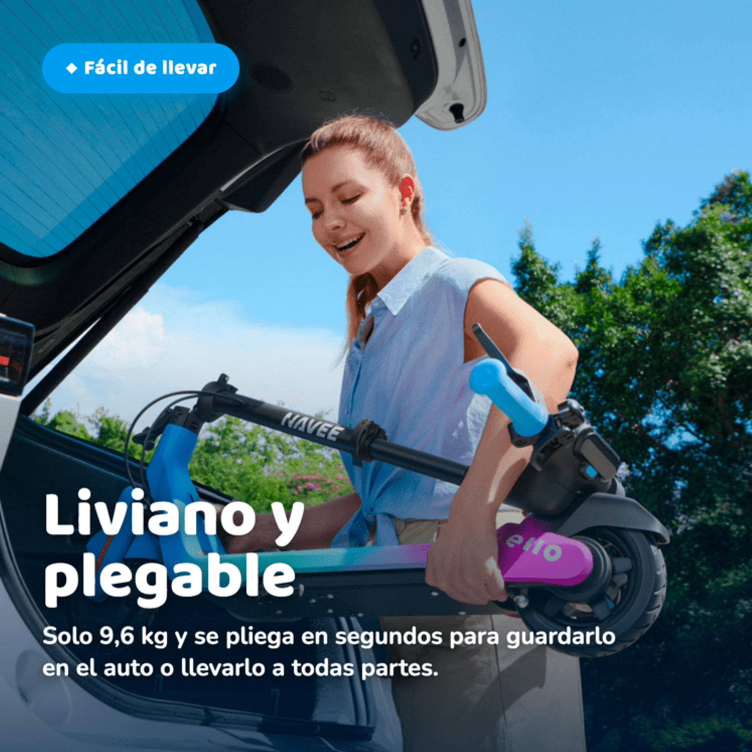 Navee Scooter Eléctrico Infantil K100 Max Plegable Autonomía 24km Máx 16km/h 260W Luces RGB Parlante Bluetooth Control Parental 6-14 Años Azul - Bestmart