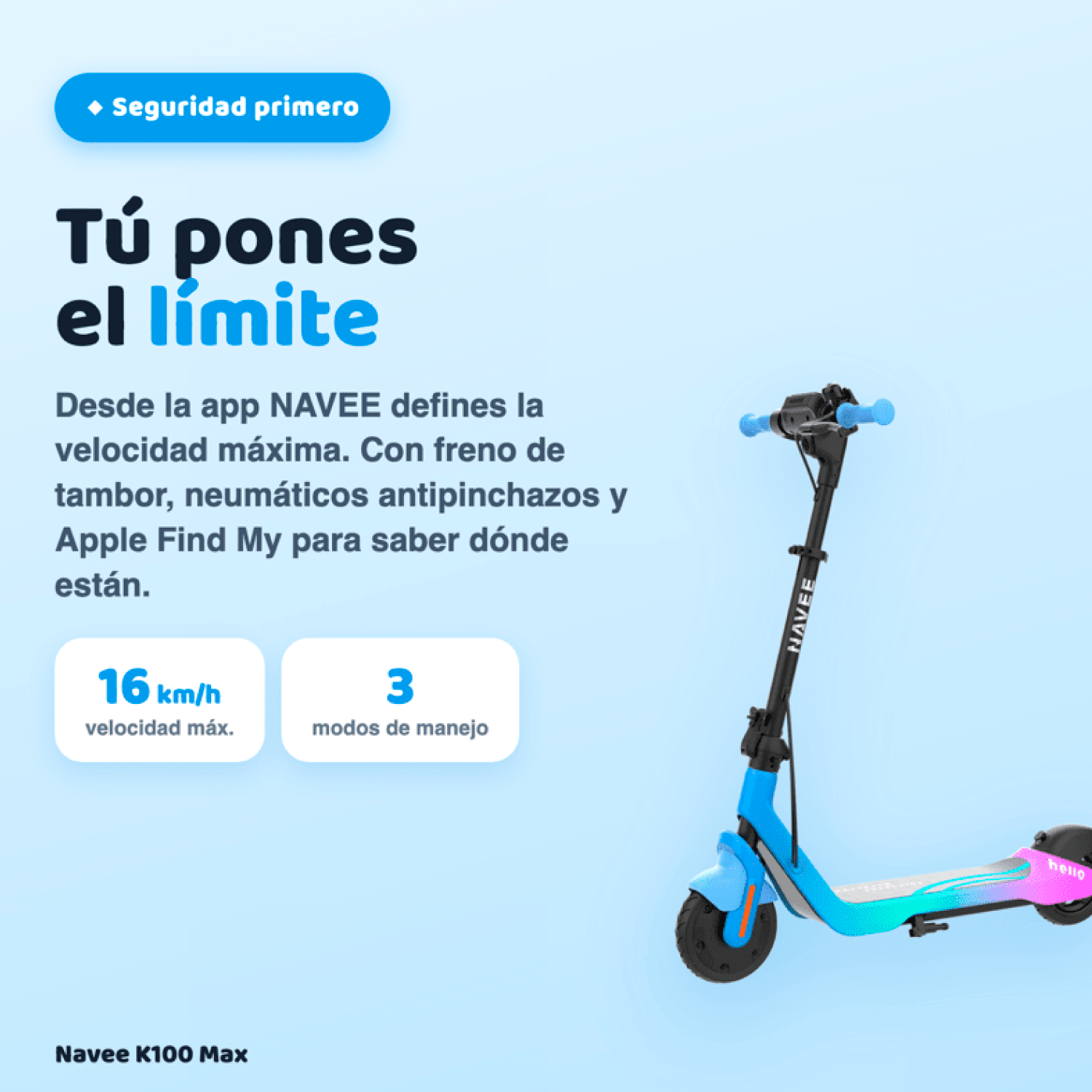 Navee Scooter Eléctrico Infantil K100 Max Plegable Autonomía 24km Máx 16km/h 260W Luces RGB Parlante Bluetooth Control Parental 6-14 Años Azul - Bestmart