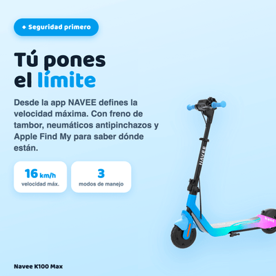Navee Scooter Eléctrico Infantil K100 Max Plegable Autonomía 24km Máx 16km/h 260W Luces RGB Parlante Bluetooth Control Parental 6-14 Años Azul - Bestmart