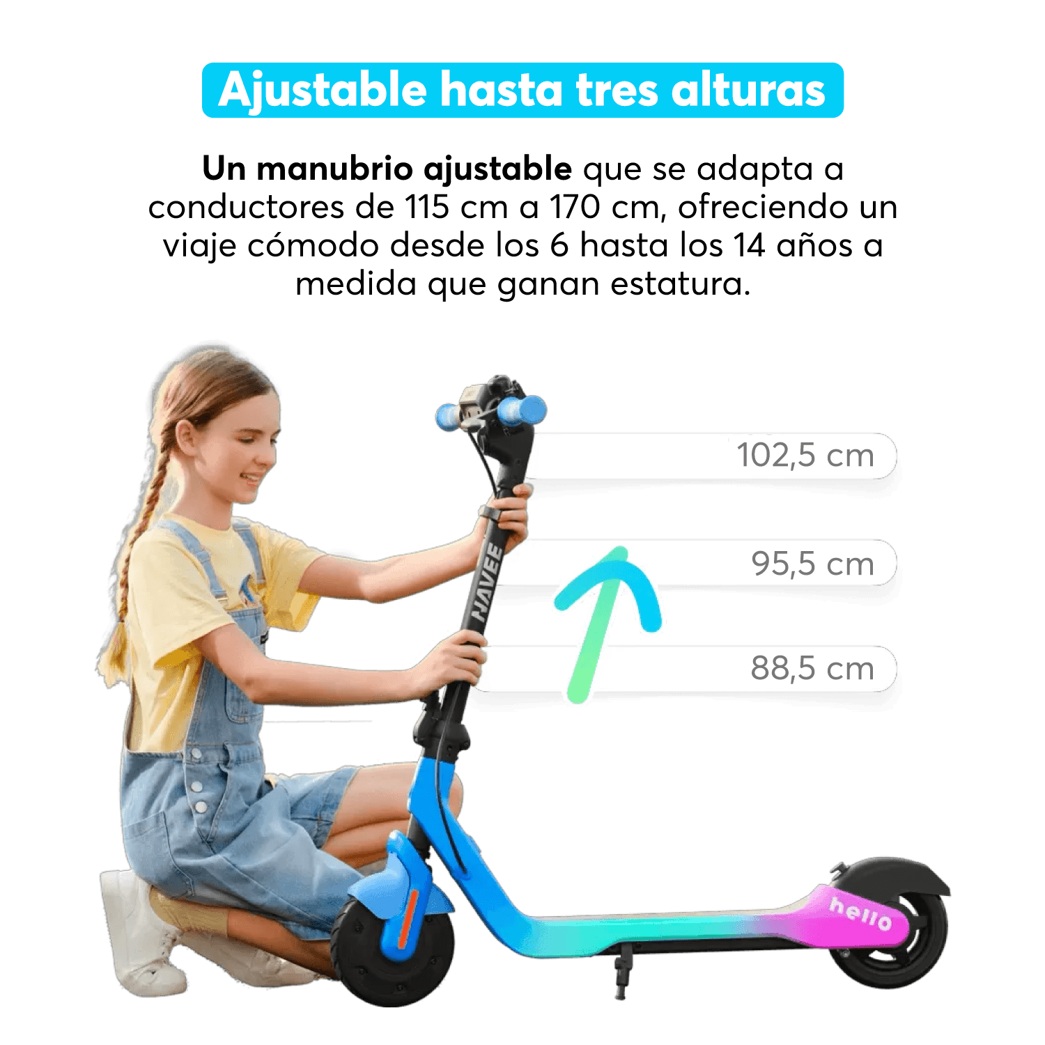 Navee Scooter Eléctrico Infantil K100 Max Plegable Autonomía 24km Máx 16km/h 260W Luces RGB Parlante Bluetooth Control Parental 6-14 Años Azul - Bestmart