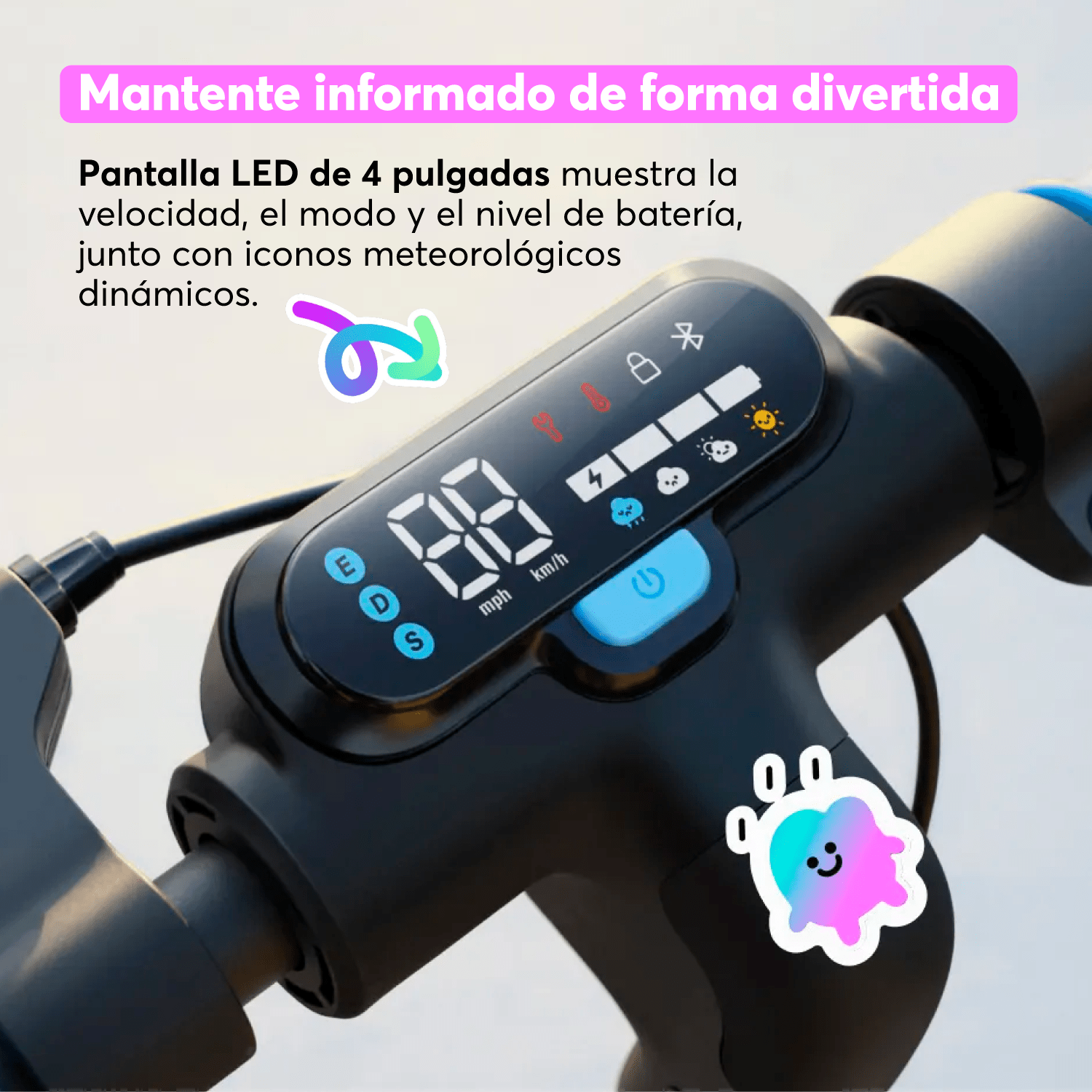 Navee Scooter Eléctrico Infantil K100 Max Plegable Autonomía 24km Máx 16km/h 260W Luces RGB Parlante Bluetooth Control Parental 6-14 Años Azul - Bestmart