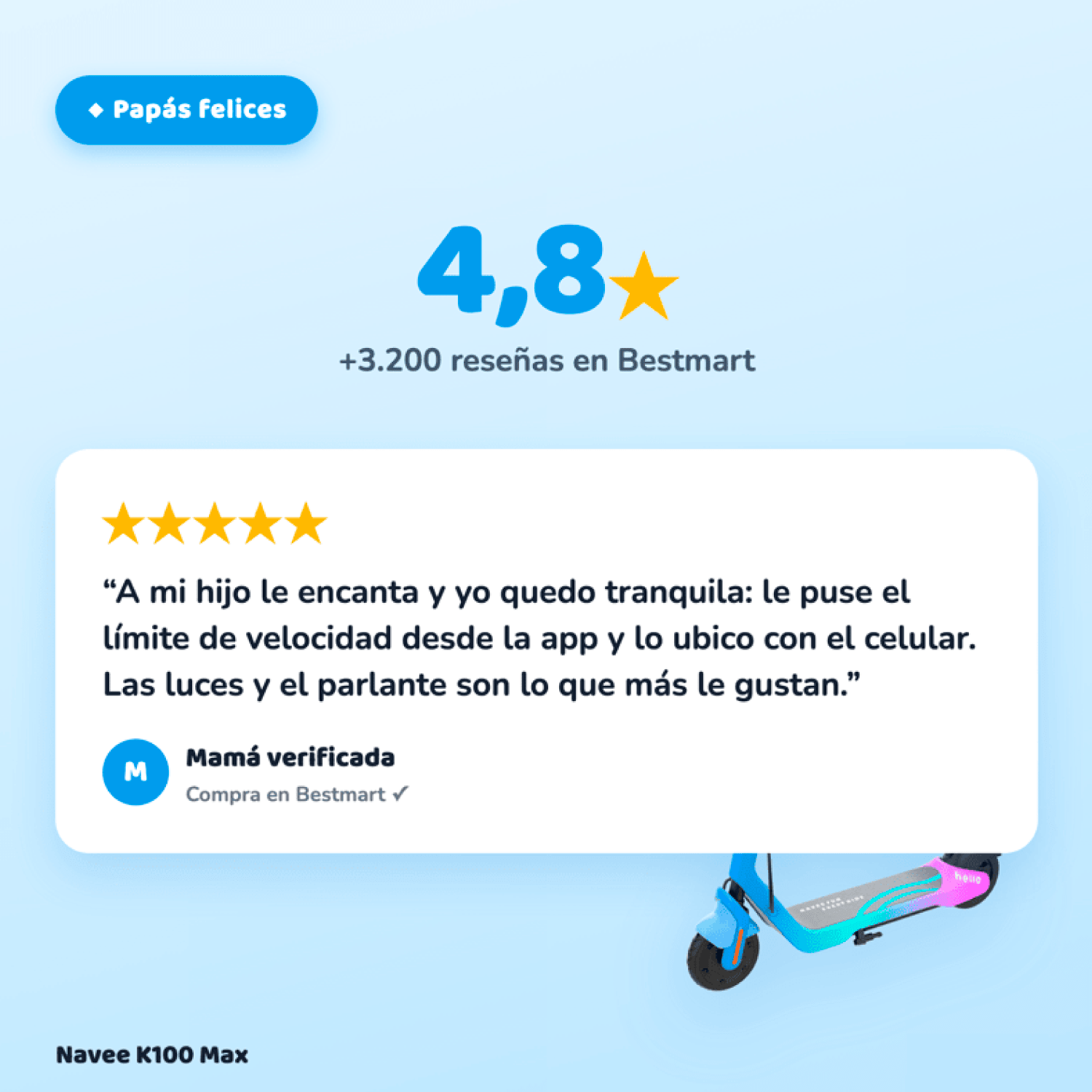Navee Scooter Eléctrico Infantil K100 Max Plegable Autonomía 24km Máx 16km/h 260W Luces RGB Parlante Bluetooth Control Parental 6-14 Años Azul - Bestmart