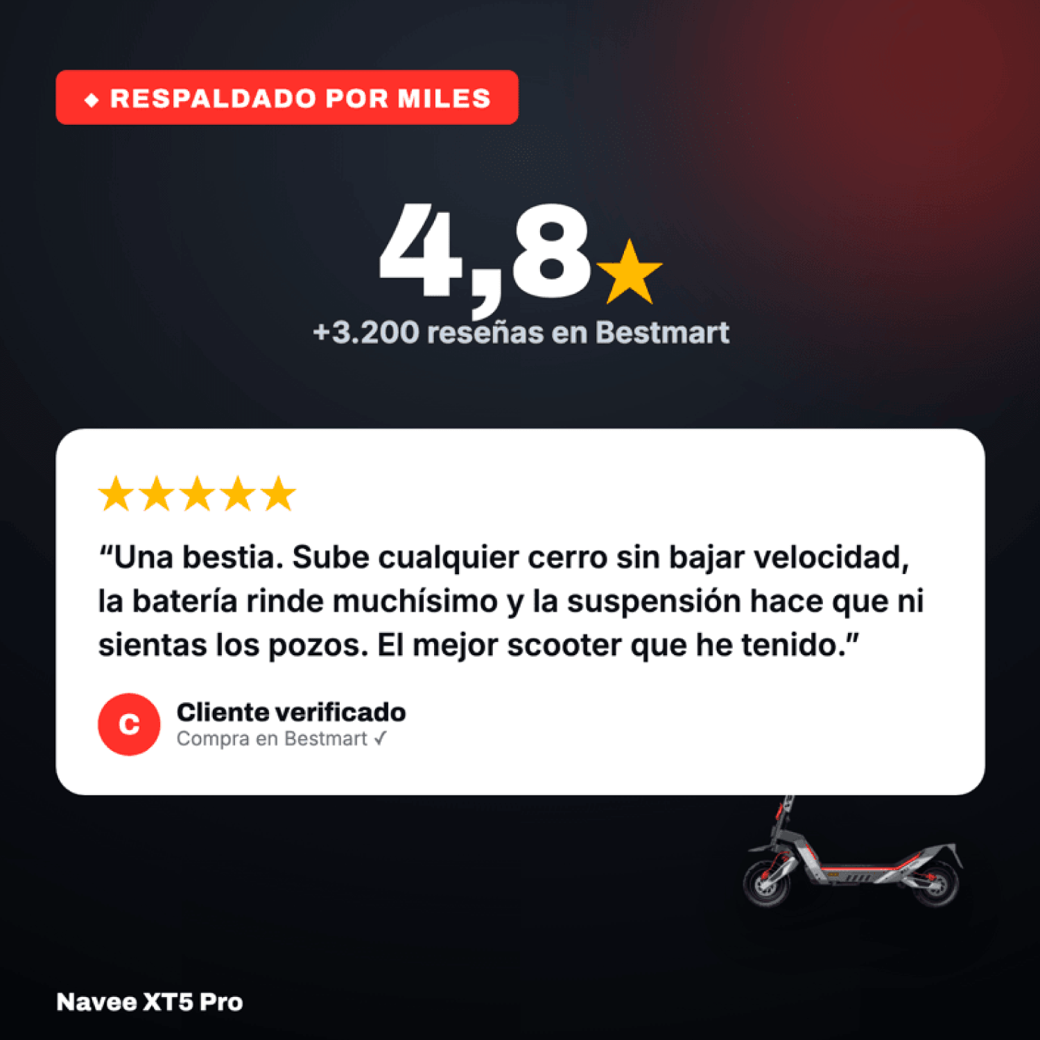 Navee Scooter Eléctrico XT5 Pro Todoterreno Plegable Autonomía 75km Máx 50km/h Neumáticos 12" 2200W Triple Freno Suspensión Doble IPX6 Negro - Bestmart