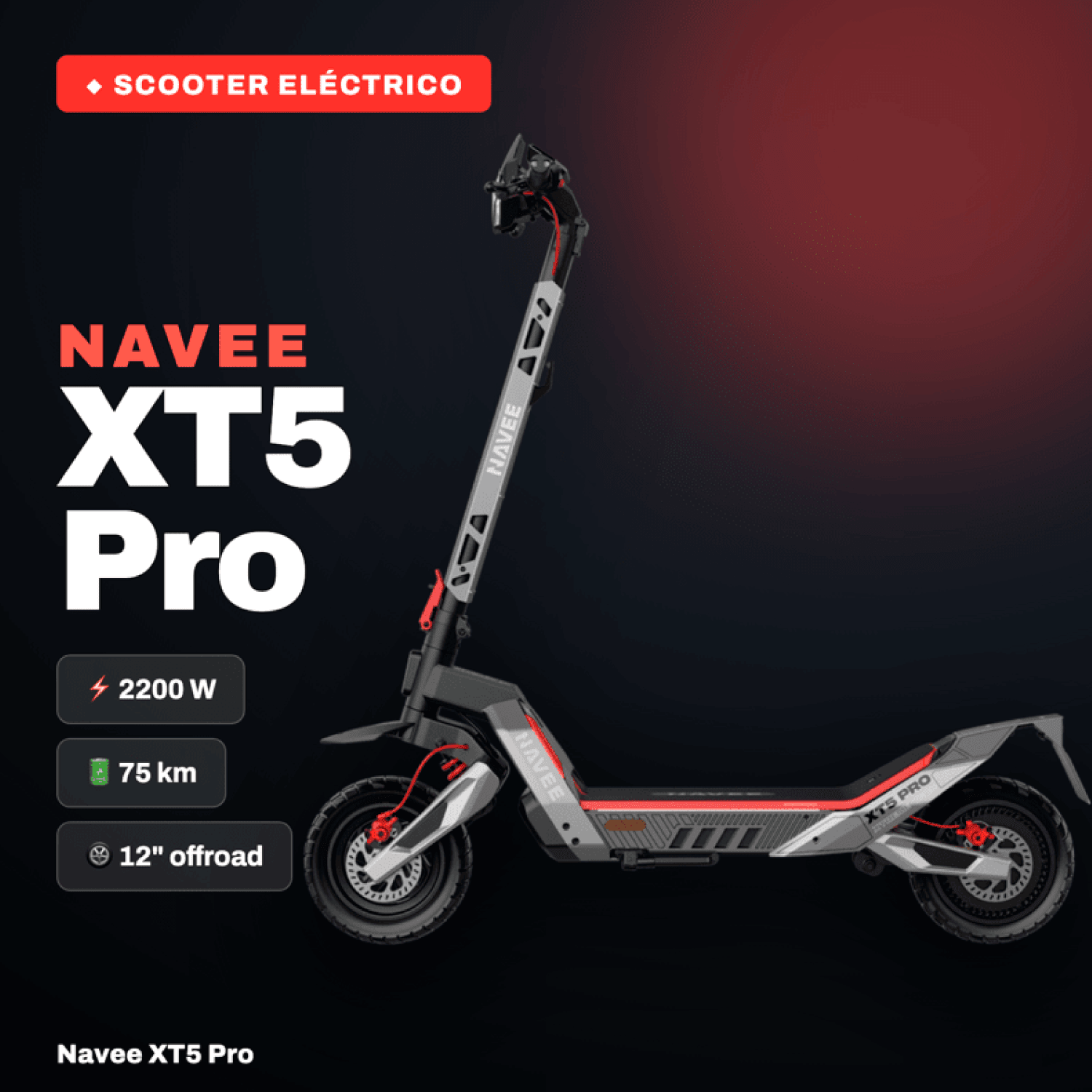 Navee Scooter Eléctrico XT5 Pro Todoterreno Plegable Autonomía 75km Máx 50km/h Neumáticos 12" 2200W Triple Freno Suspensión Doble IPX6 Negro - Bestmart