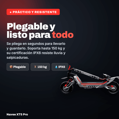 Navee Scooter Eléctrico XT5 Pro Todoterreno Plegable Autonomía 75km Máx 50km/h Neumáticos 12" 2200W Triple Freno Suspensión Doble IPX6 Negro - Bestmart