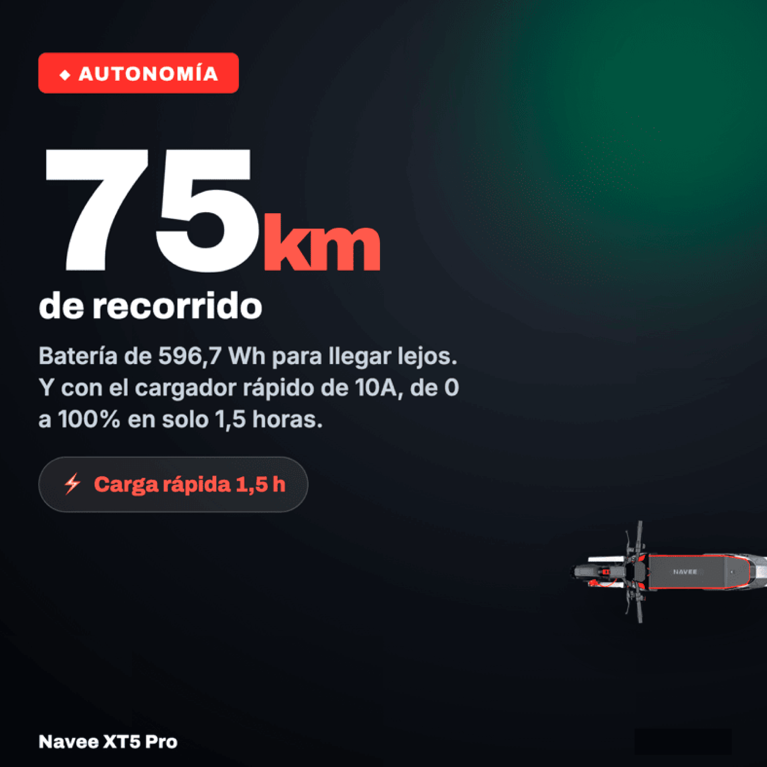 Navee Scooter Eléctrico XT5 Pro Todoterreno Plegable Autonomía 75km Máx 50km/h Neumáticos 12" 2200W Triple Freno Suspensión Doble IPX6 Negro - Bestmart