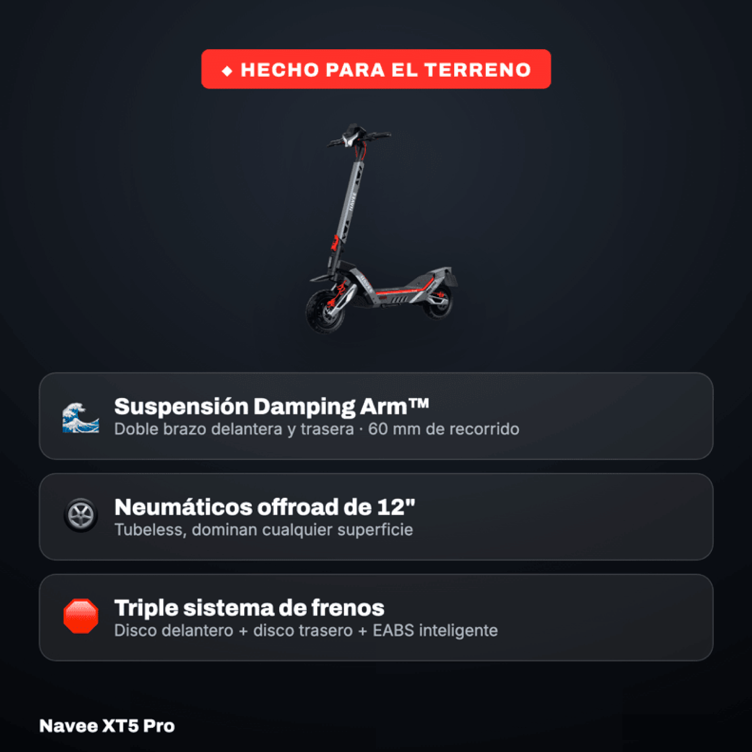 Navee Scooter Eléctrico XT5 Pro Todoterreno Plegable Autonomía 75km Máx 50km/h Neumáticos 12" 2200W Triple Freno Suspensión Doble IPX6 Negro - Bestmart