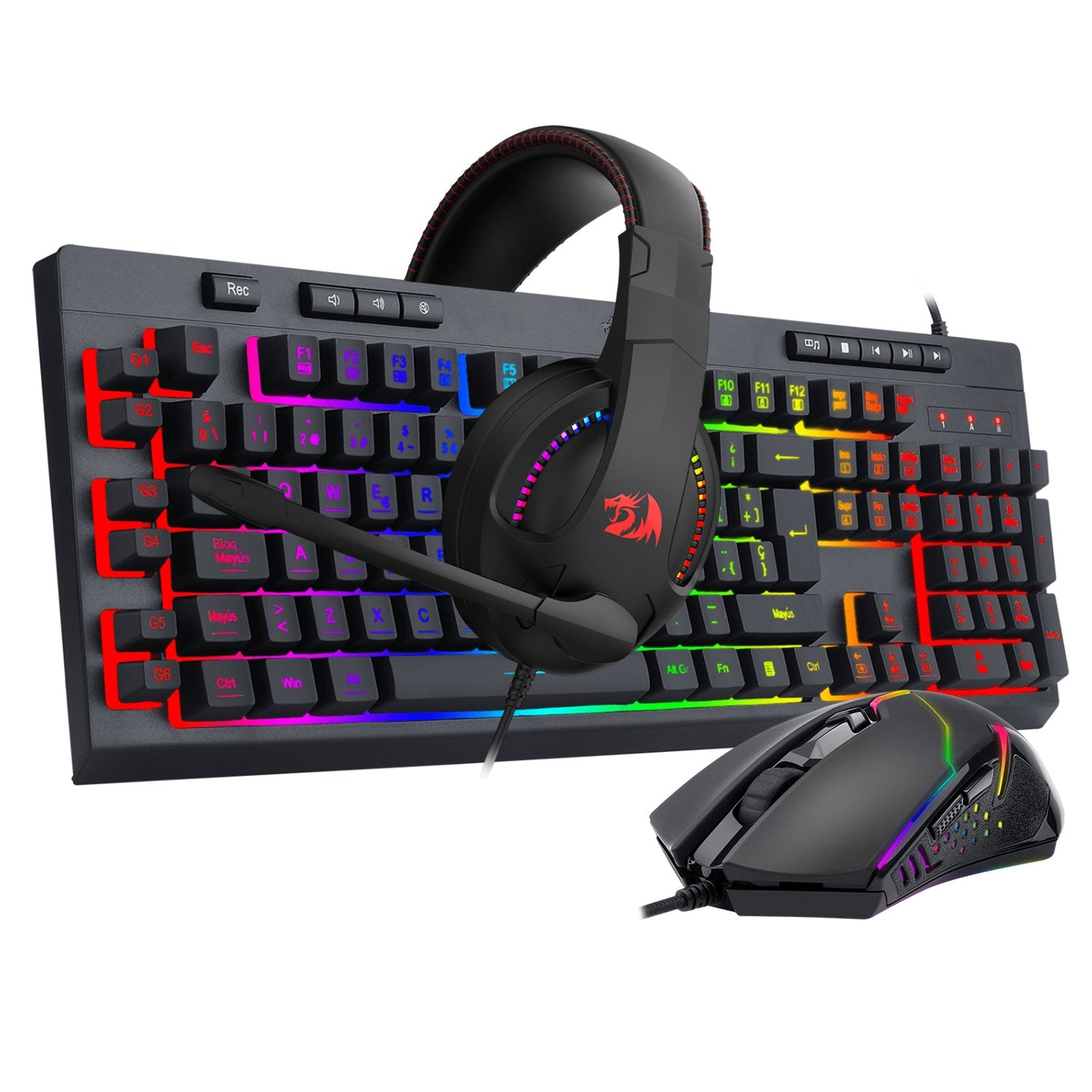 Pack Gamer Redragon Teclado Shiva K512 + Audífonos Cronus H211 + Mouse Centrophorus M601 RGB Negro - Bestmart