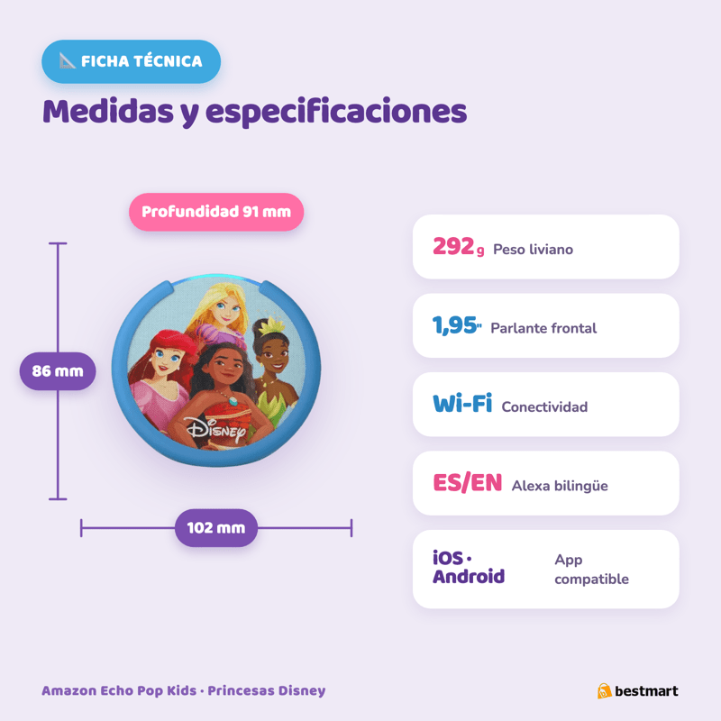 Parlante Inteligente Amazon Echo Pop Kids con Alexa para Niñas - Princesas Disney - Bestmart