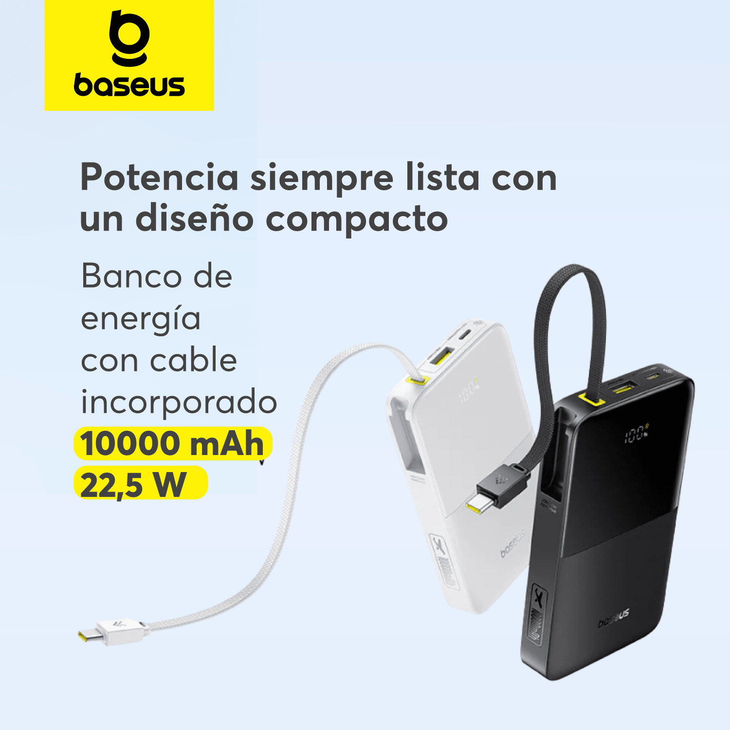 Power Bank Baseus EnerFill FC51 Bipow2 Pro con Pantalla Digital y Cable Integrado 10000 mAh 22.5W Negro - Bestmart