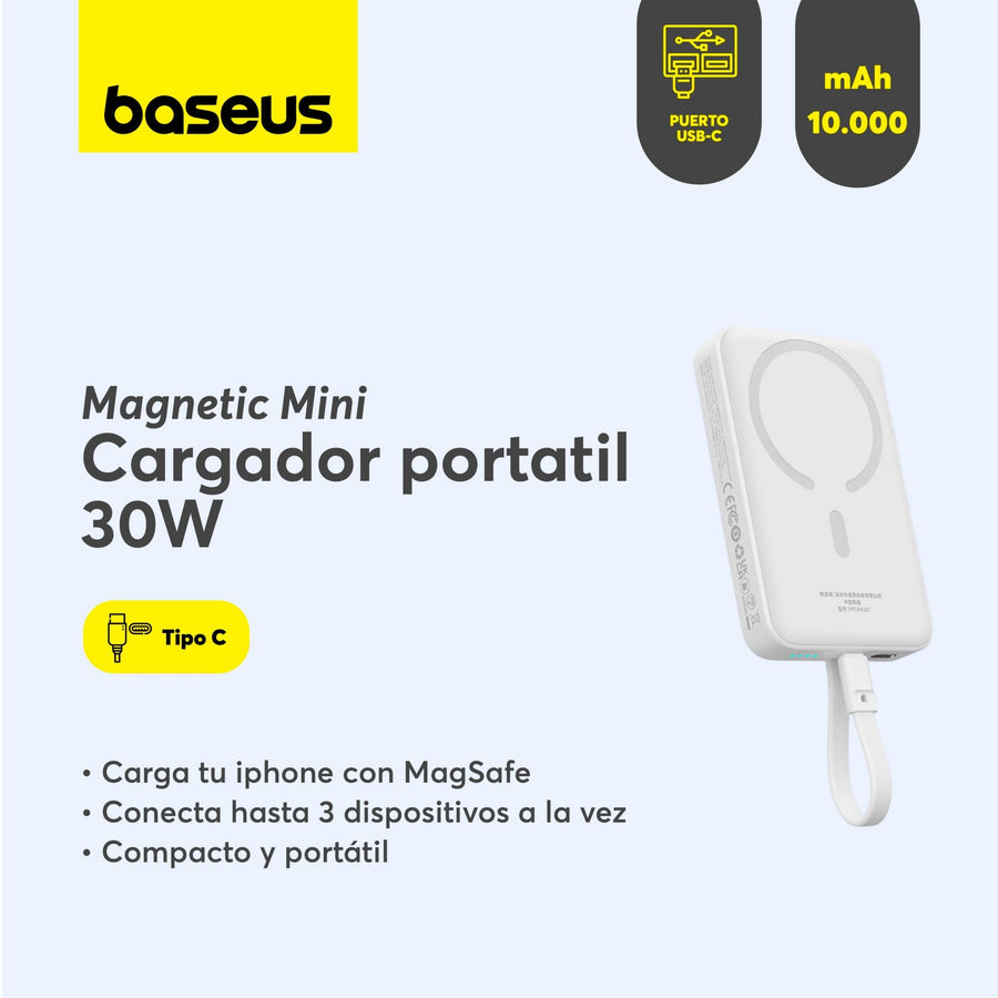 Power Bank Baseus Magnético Mini Carga Rápida Inalámbrica 30W 10000mAh Edición USB-C Blanco