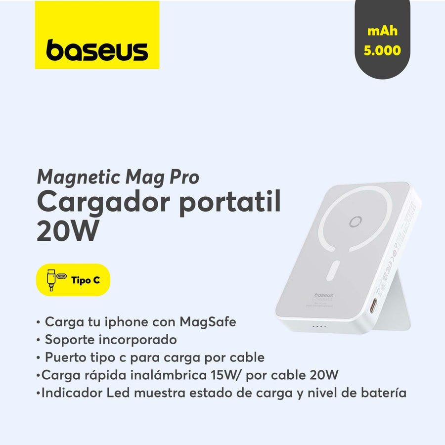 Power Bank Baseus MagPro 5000mAh Carga Rápida Inalámbrica PD 20W Con Soporte Magnético Blanco
