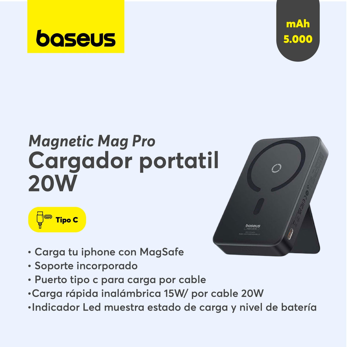 Power Bank Baseus MagPro 5000mAh Carga Rápida Inalámbrica PD 20W Con Soporte Magnético Negro - Bestmart