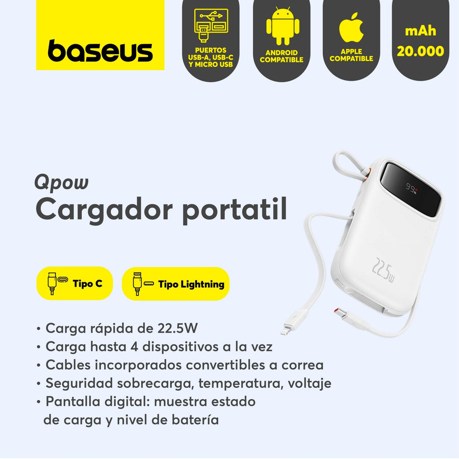 Power Bank Baseus Qpow2 con Pantalla Digital y Cables Lightning y USB-C Carga Rápida 10.000mAh 22.5W Blanco