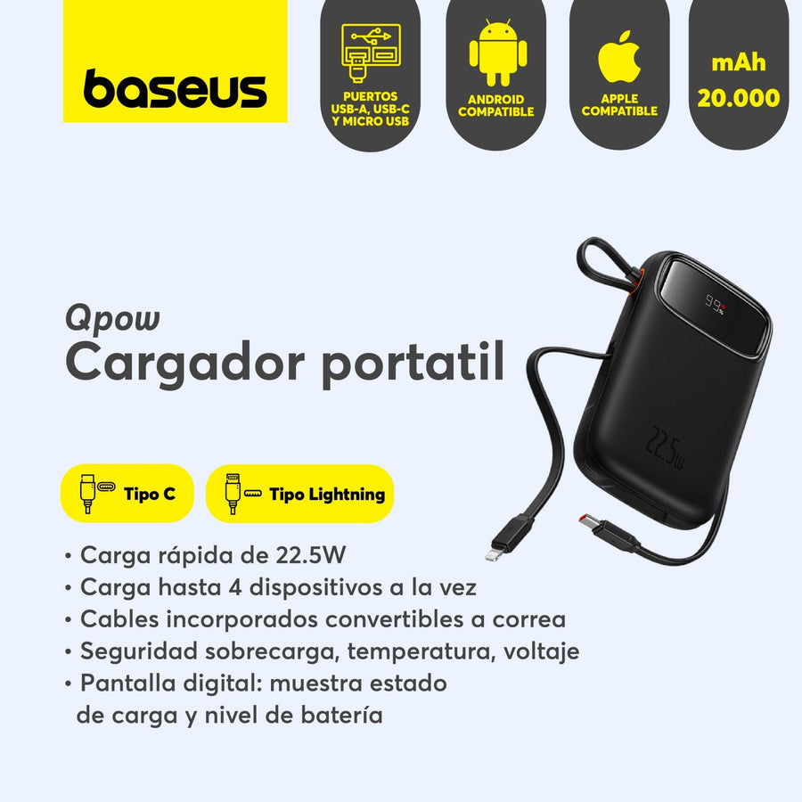 Power Bank Baseus Qpow2 con Pantalla Digital y Cables Lightning y USB-C Carga Rápida 10.000mAh 22.5W Negro