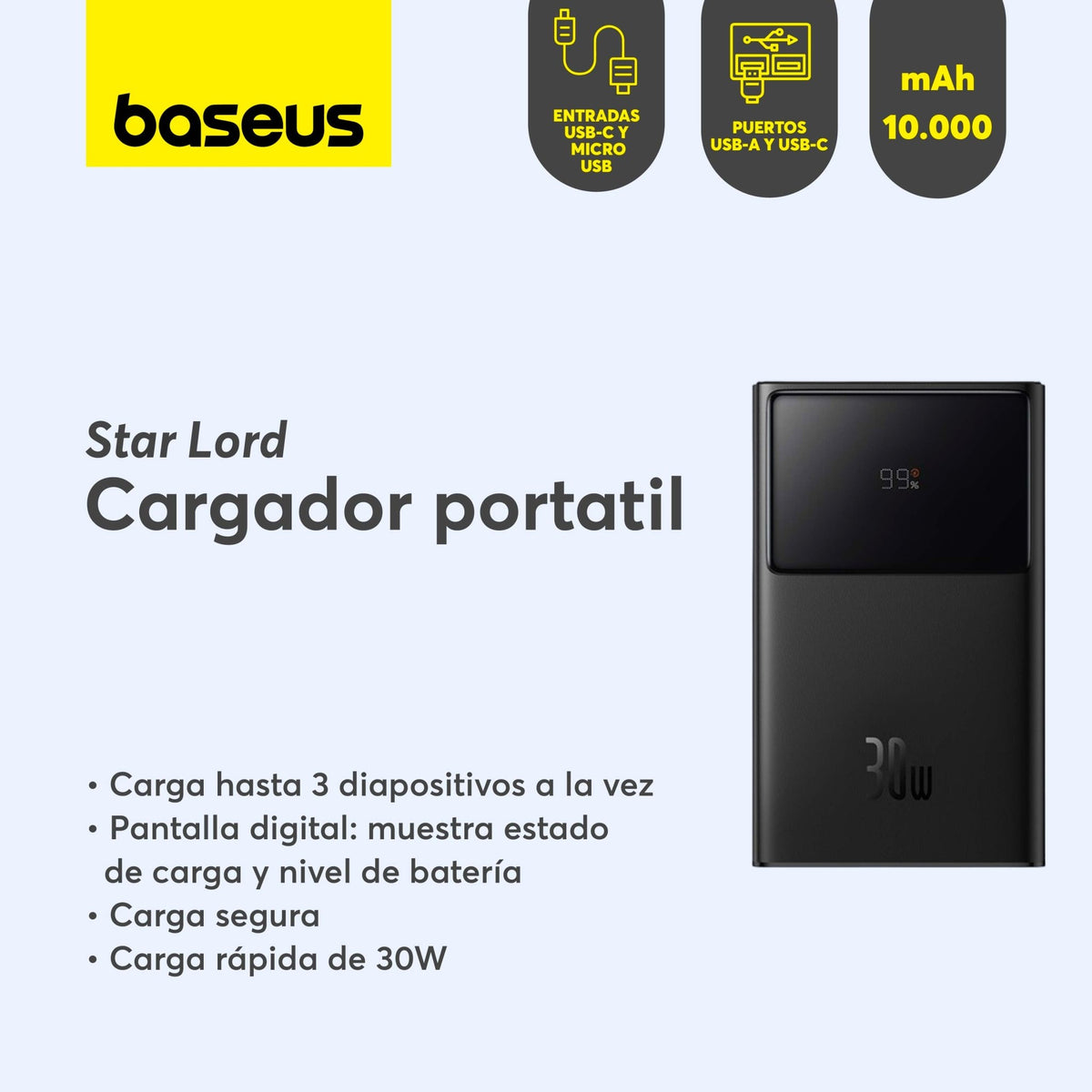 Power Bank Baseus Star - Lord con Pantalla Digital Carga Rápida 10.000mAh 30W Negro - Bestmart