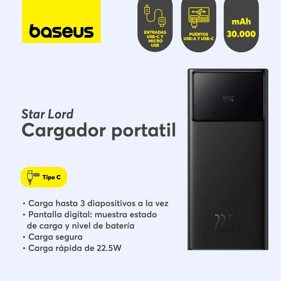 Power Bank Baseus Star Lord Pantalla Digital Carga Rápida 30000mAh 22.5W Con Cable USB a USB-C Negro