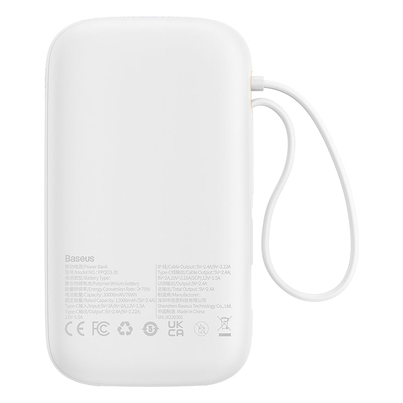 Powerbank Baseus Qpow2 con Pantalla Digital y Cables Lightning y Tipo-C - Carga Rápida 20.000mAh 22.5W - Blanco