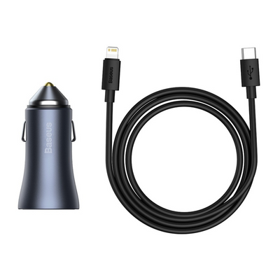 Baseus Cargador Rápido para Auto Baseus Dual USB + USB-C - Incluye Cable Lightning 1M - 40W - Gris - Bestmart