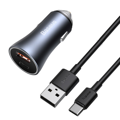 Baseus Cargador Rápido para Auto Baseus Dual USB + USB-C - Incluye Cable Tipo C 1M - 40W - Gris - Bestmart