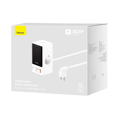 Baseus Cargador Baseus PowerCombo Digital PowerStrip (AC-Tipo C-USB-A) - 65W - Blanco - Bestmart