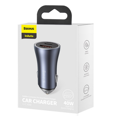 Baseus Cargador Doble Rápido de Auto Baseus Golden Contactor Pro USB + Tipo C - 40W - Gris Oscuro - Bestmart