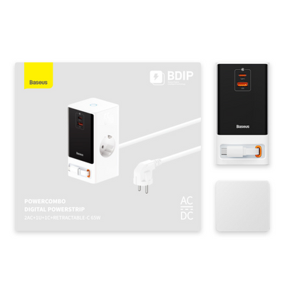 Baseus Cargador Baseus PowerCombo Digital PowerStrip (AC-Tipo C-USB-A) - 65W - Blanco - Bestmart