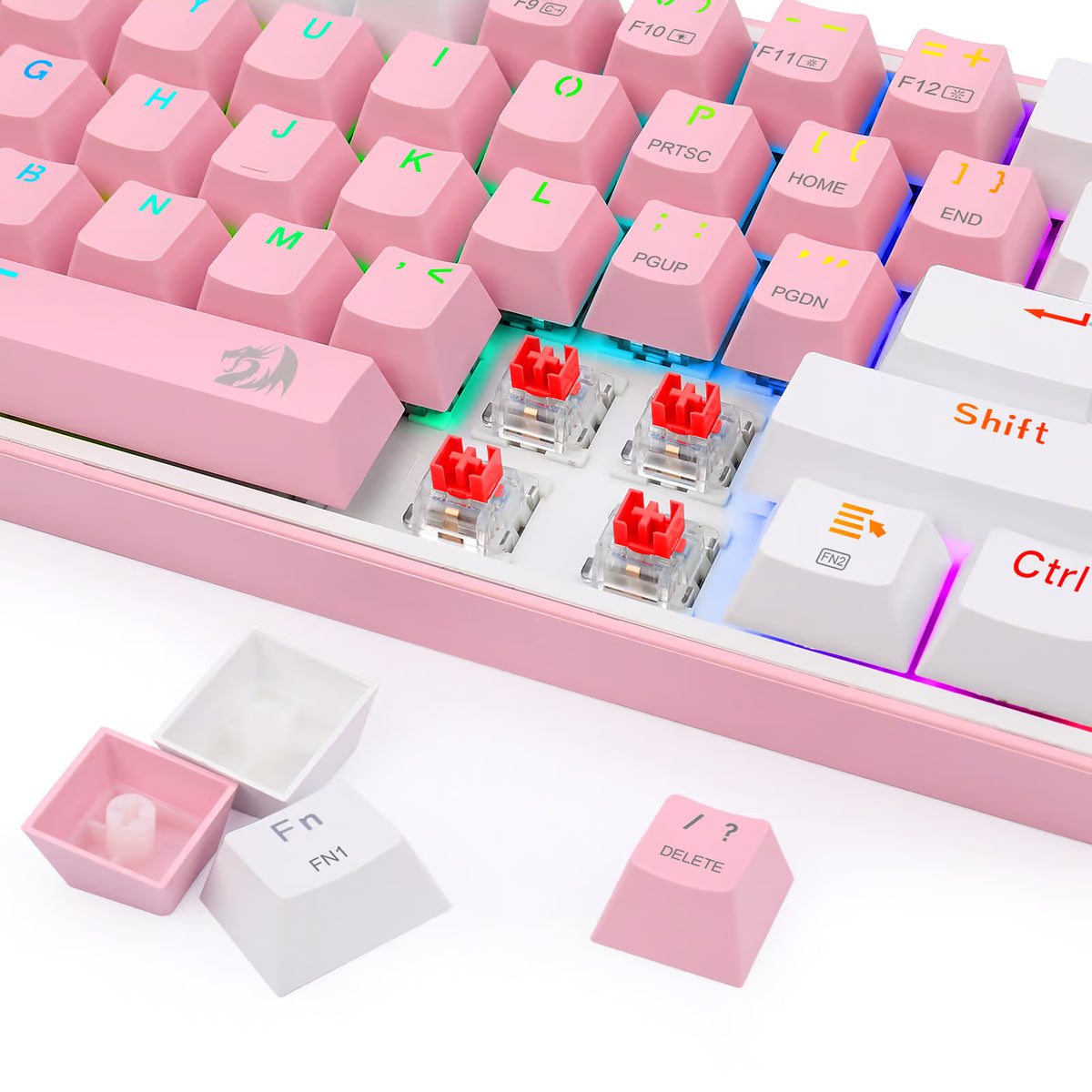 Teclado Mecánico Gamer Redragon Fizz Pro K616 RGB Switch Red - Compacto 60% - Rosado con Blanco - Español