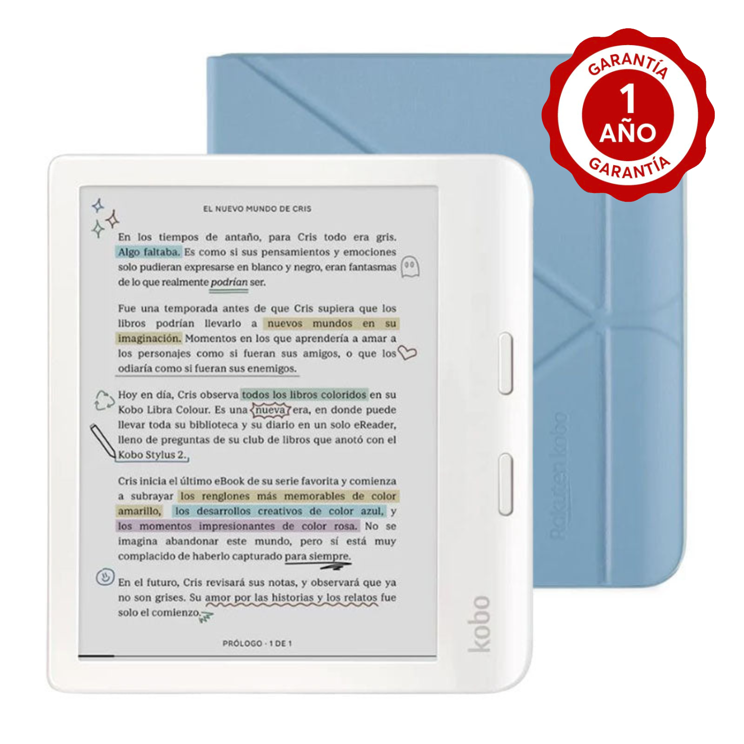 Lector e reader Kobo Libra Colour Blanco con Funda SleepCover Azul
