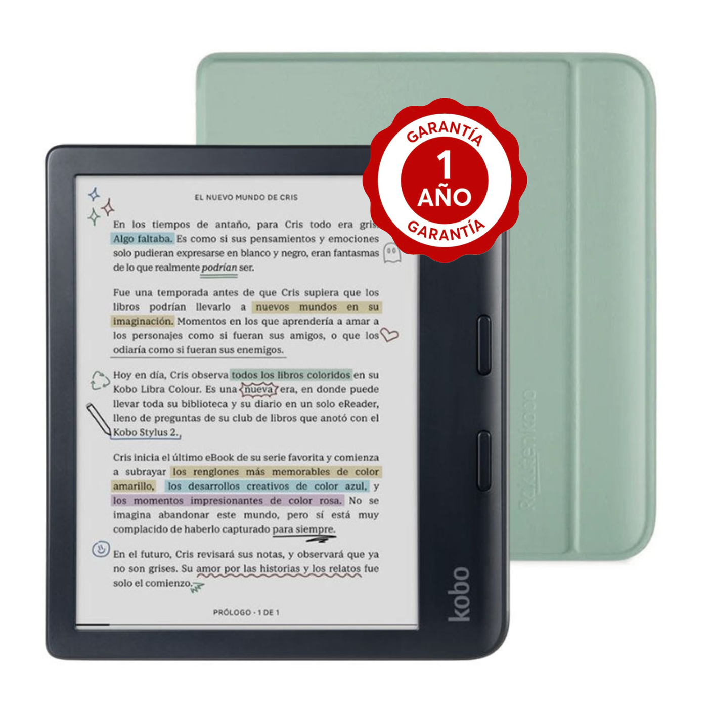 Pack Lector e reader Kobo Libra Colour Negro con Funda Basic SleepCover Verde