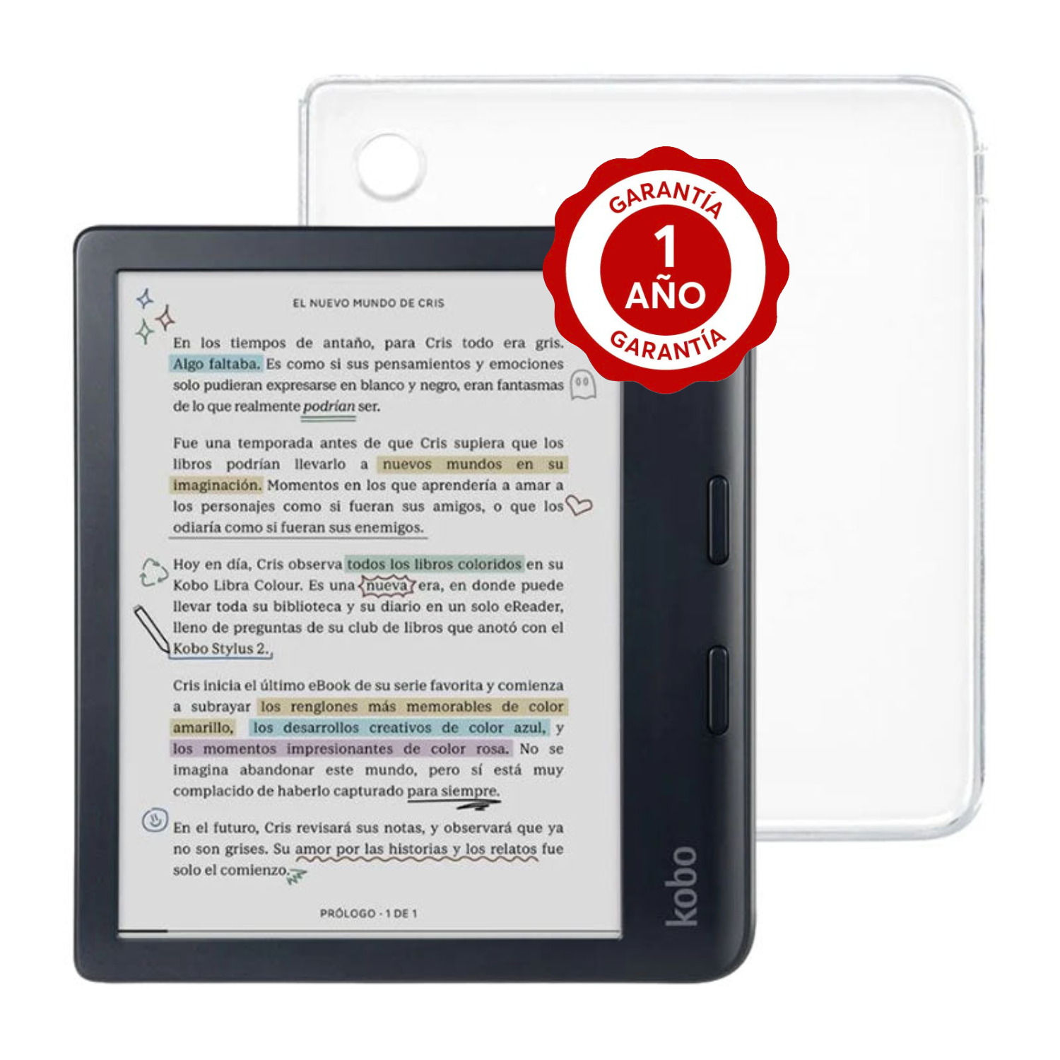 Lector e reader Kobo Libra Colour Negro con Funda Clear Case Transparente
