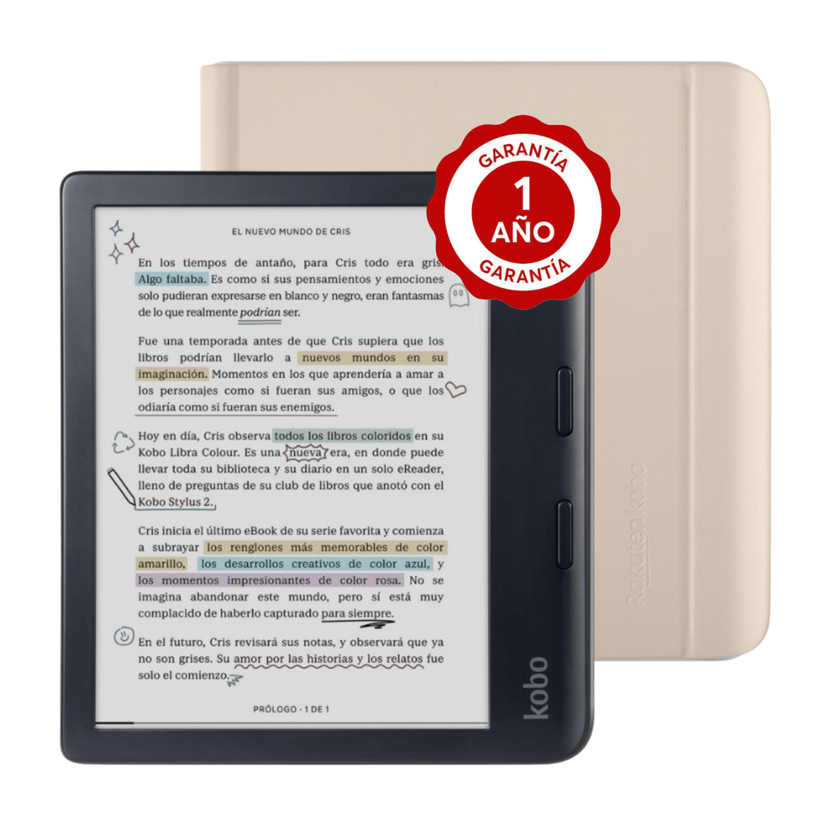 Pack Lector e reader Kobo Libra Colour Negro con Funda Notebook SleepCover Beige