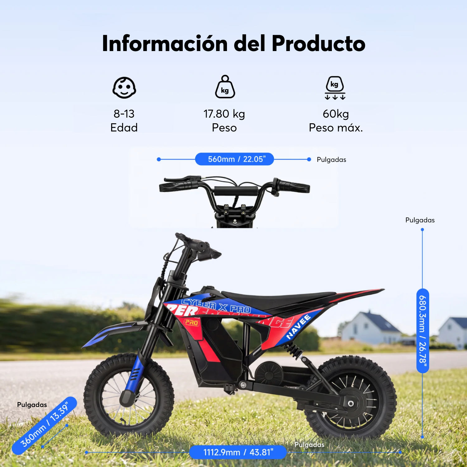 Navee Moto de Cross Eléctrica Infantil Cyber X Pro 8-11 Años Máx 25km/h Autonomía 14.5km 350W Neumáticos 8" Cross Suspensión Trasera Chasis Acero Negro