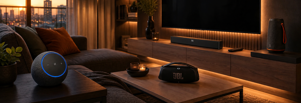 Living moderno con barra de sonido y parlantes Bluetooth al atardecer